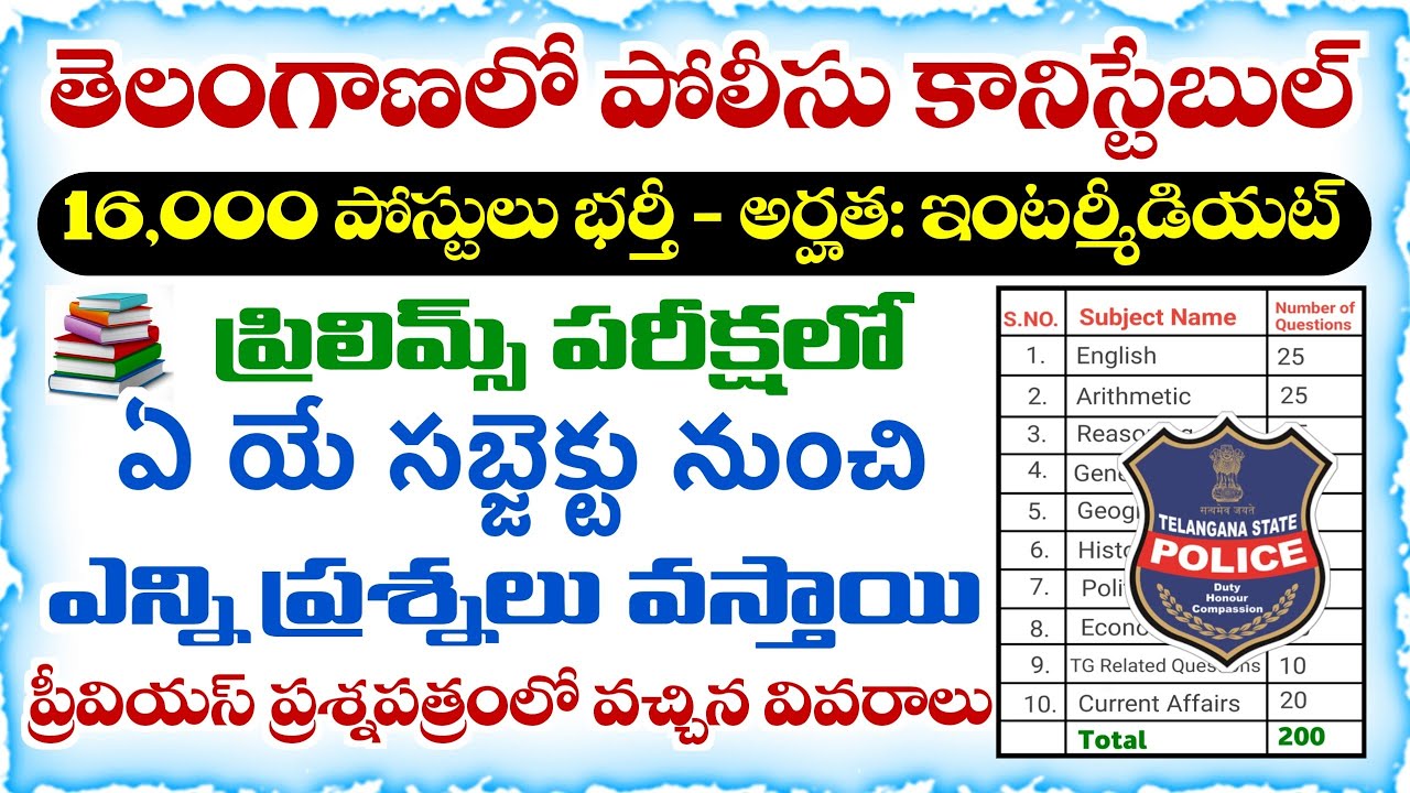 How many questions will be asked from which subject in TG Police Constable Prelims Exam? | TGPRB