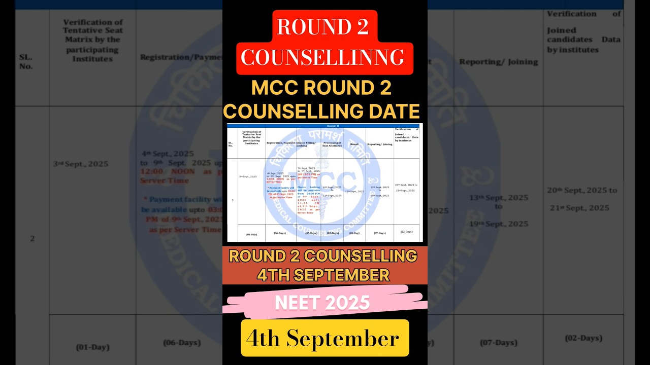 🔴 MCC ROUND 2 COUNSELLING SCHEDULE OUT 🔥 #neet2025 #mbbs #neet #mcc #shorts #short #trending #viral
