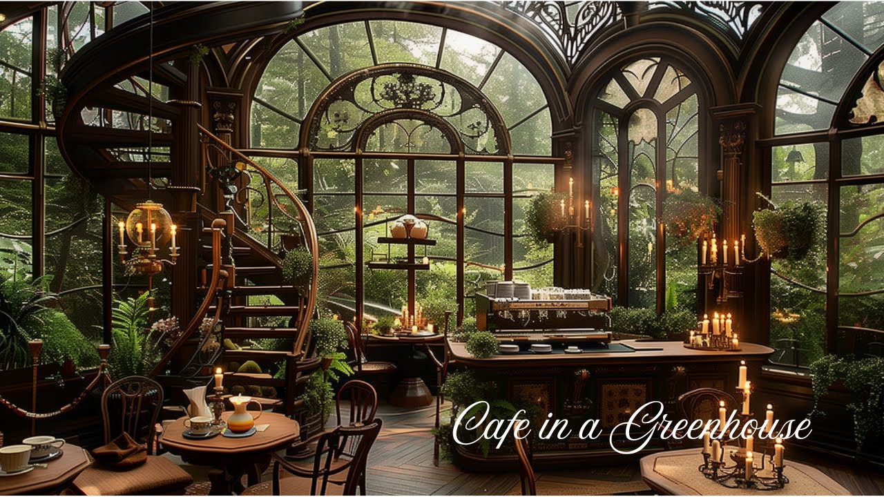 Cafe in a Cozy Greenhouse / Rainy Autumnal Day & Ethereal Relaxing Music #Autumn #fallambience