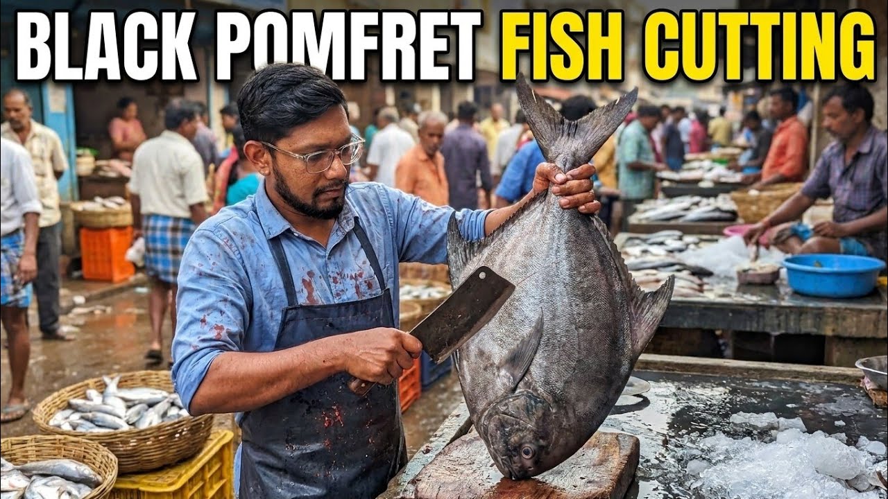 3KG Big Giant Black Pamflet Fish Cutting | Fish Cutting Skills | Black Pomfret Fish Cutting 
