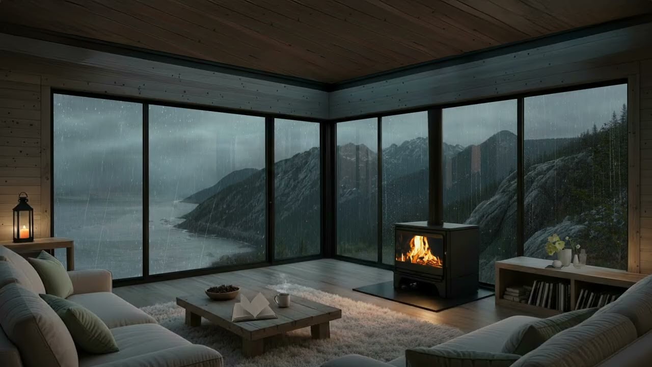 Clifftop Ocean Home Fireplace🌊🔥Cozy Coastal Cabin with Mountain View | Deep Sleep & Study 4K