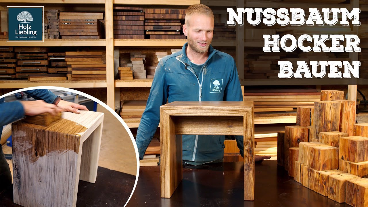 Nussbaum Sitzhocker selber bauen - Wasserfall Hocker mit umlaufender Maserung | Holz-Liebling DIY