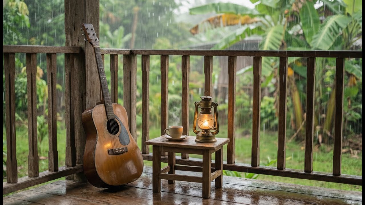 ฝนตกที่บ้านเรา..กีตาร์โปร่ง ฟังสบายหลับลึกใน 5 นาที🌧️พร้อมเสียงฝนตก Cozy Thai Wooden Porch Ambience