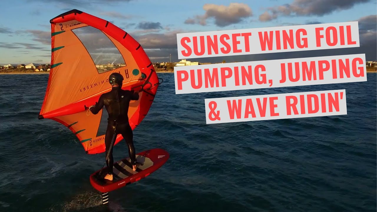 Sunset Wing Foil Session | pumping, jumping and wave riding | Drone nearly touches the water!