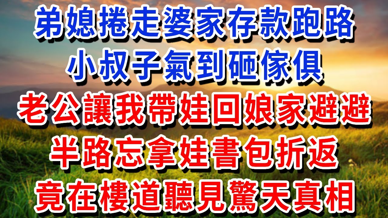 弟媳捲走婆家存款跑路，小叔子氣到砸傢俱，老公讓我帶娃回娘家避避，半路忘拿娃書包折返，竟在樓道聽見驚天真相！#書婷講故事 #為人處世#生活經驗#情感故事#晚年哲理#說故事#完結文