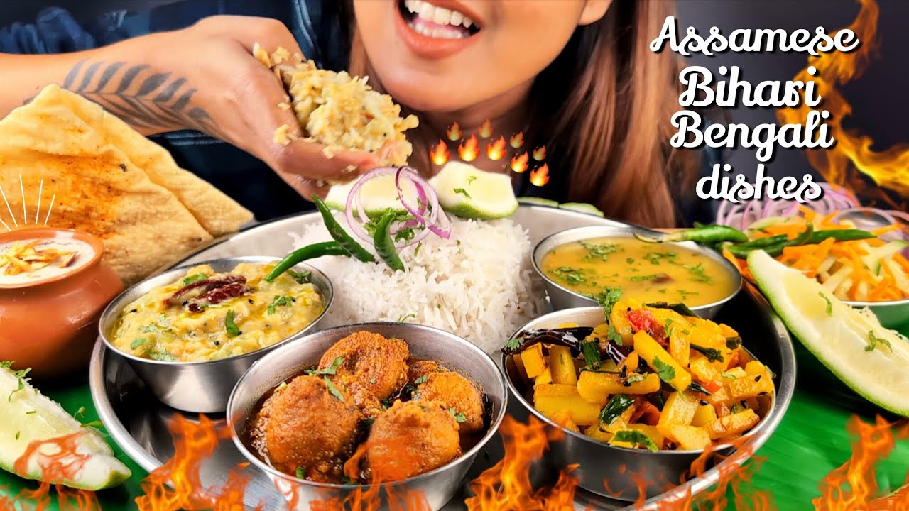 COOKING & EATING ASSAMESE CUCUMBER KHAR, BIHARI DAL BARI, BENGALI STYLE BHAJI, WITH DAL CHAWAL, DAHI