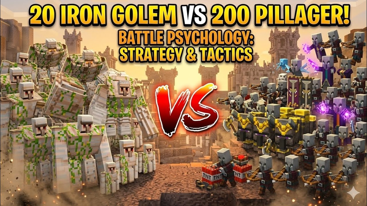 20 iron golem vs 200 pilliger who is most powerful  in Minecraft 