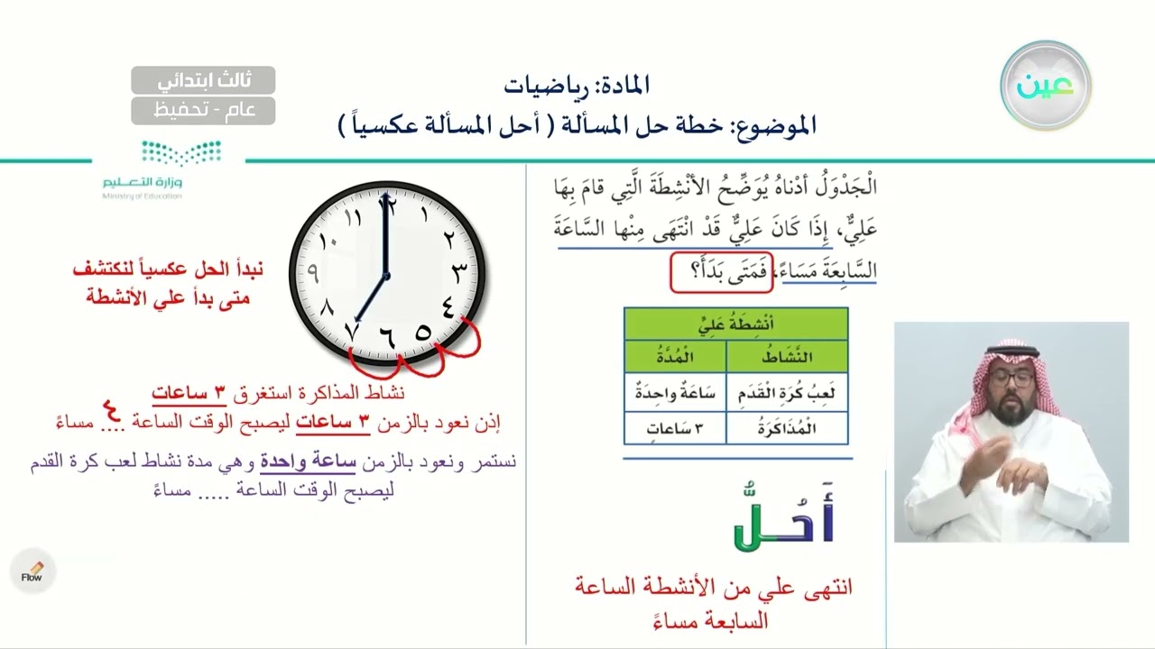 تابع خطة حل المسألة: أحل عكسيًا - الرياضيات - ثالث ابتدائي