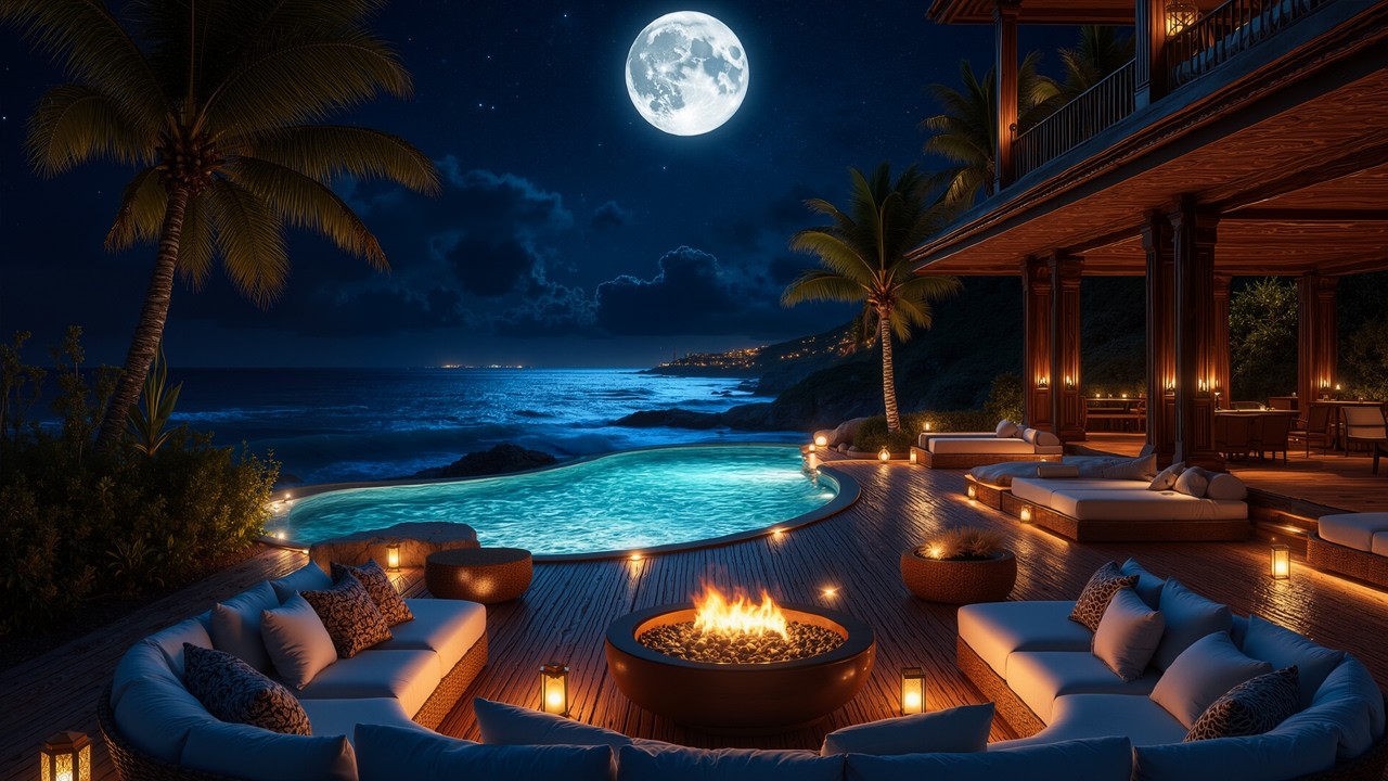 Midnight Beachside Jazz with Warm Firelight Glow | Gentle Jazz Piano for Calm Inside & Deep Rest