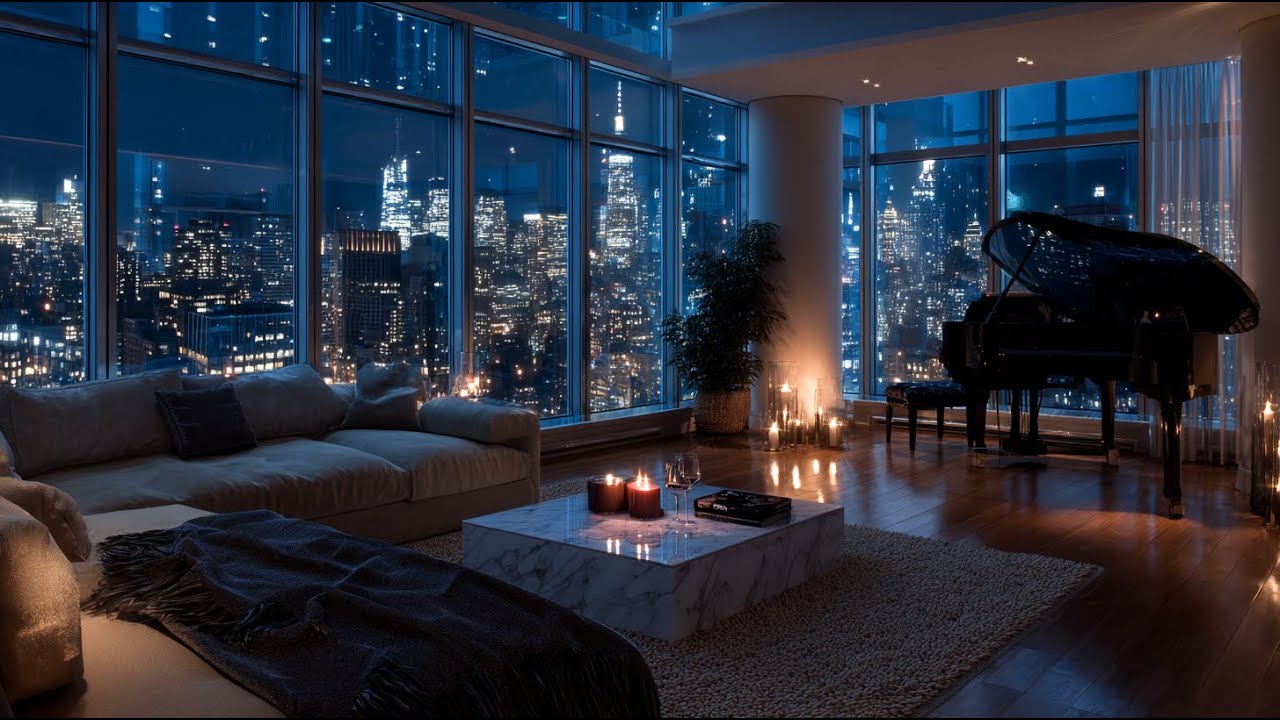 Luxury Night Jazz: Relaxing Piano & Saxophone in Penthouse Apartment - City Lights View