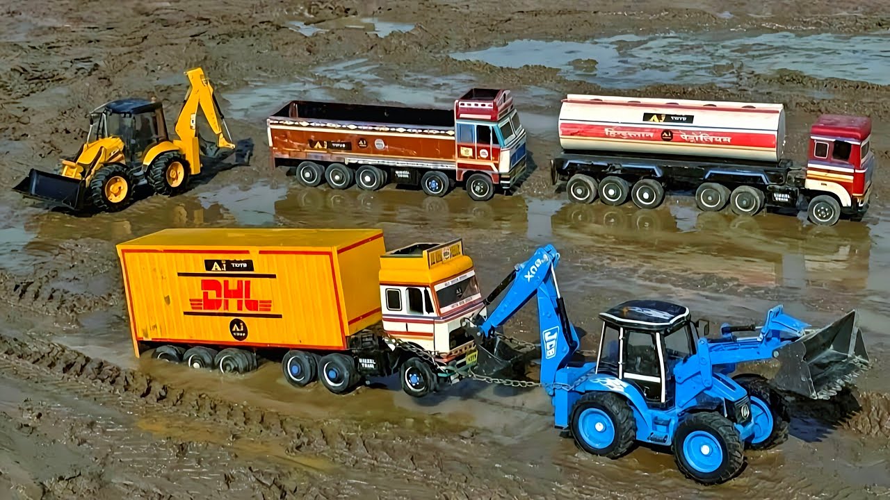 Jcb Tractor Cartoon Video | Dumper Truck TATA Container Muddy Accident Pulling Out Jcb 3dx? AJ TOYS