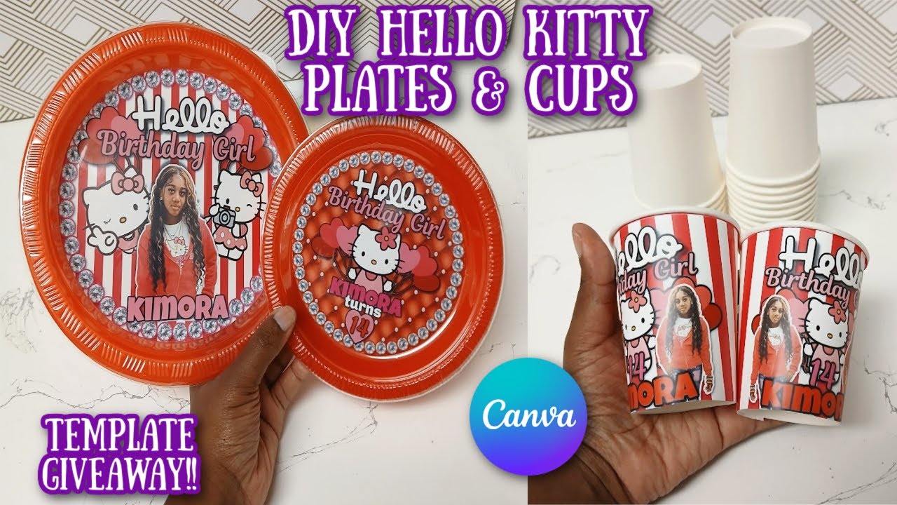 DIY HELLO KITTY PARTY FAVORS/ CUPS & PLATES/ NO CRICUT/ TEMPLATE GIVEAWAY