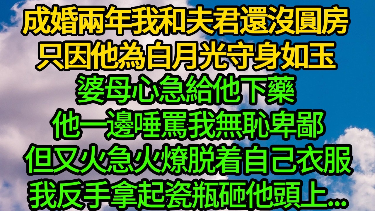 成婚兩年我和夫君還沒圓房，只因他為白月光守身如玉。婆母心急給他下藥 他一邊唾罵我無恥卑鄙，但又火急火燎脱着自己衣服。我反手拿起瓷瓶砸他頭上...