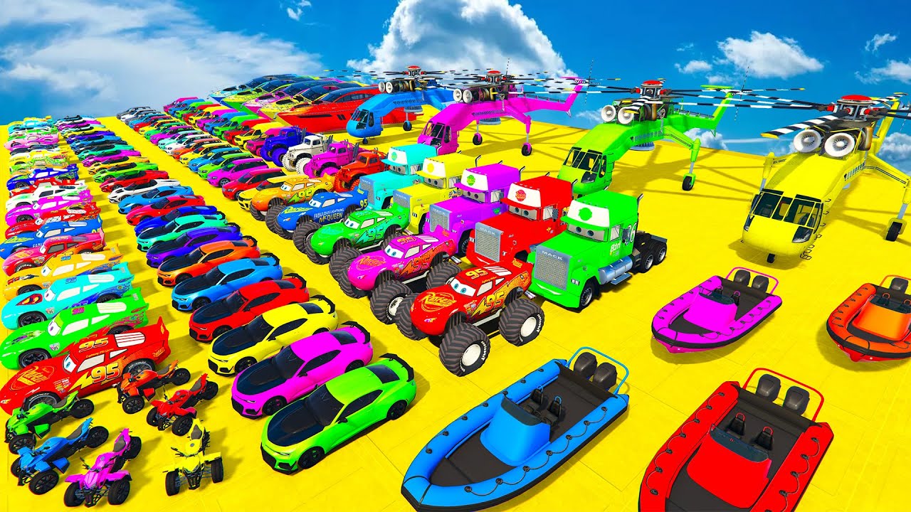 🚗GTA V Spiderman McQueen Cars 2 Vs Mack Truck Mega Ramp - Superheroes car Racing Gameplay