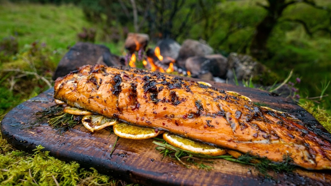 Wood Plank SALMON Fillet Roasted by the Forest Stream | ASMR Cooking