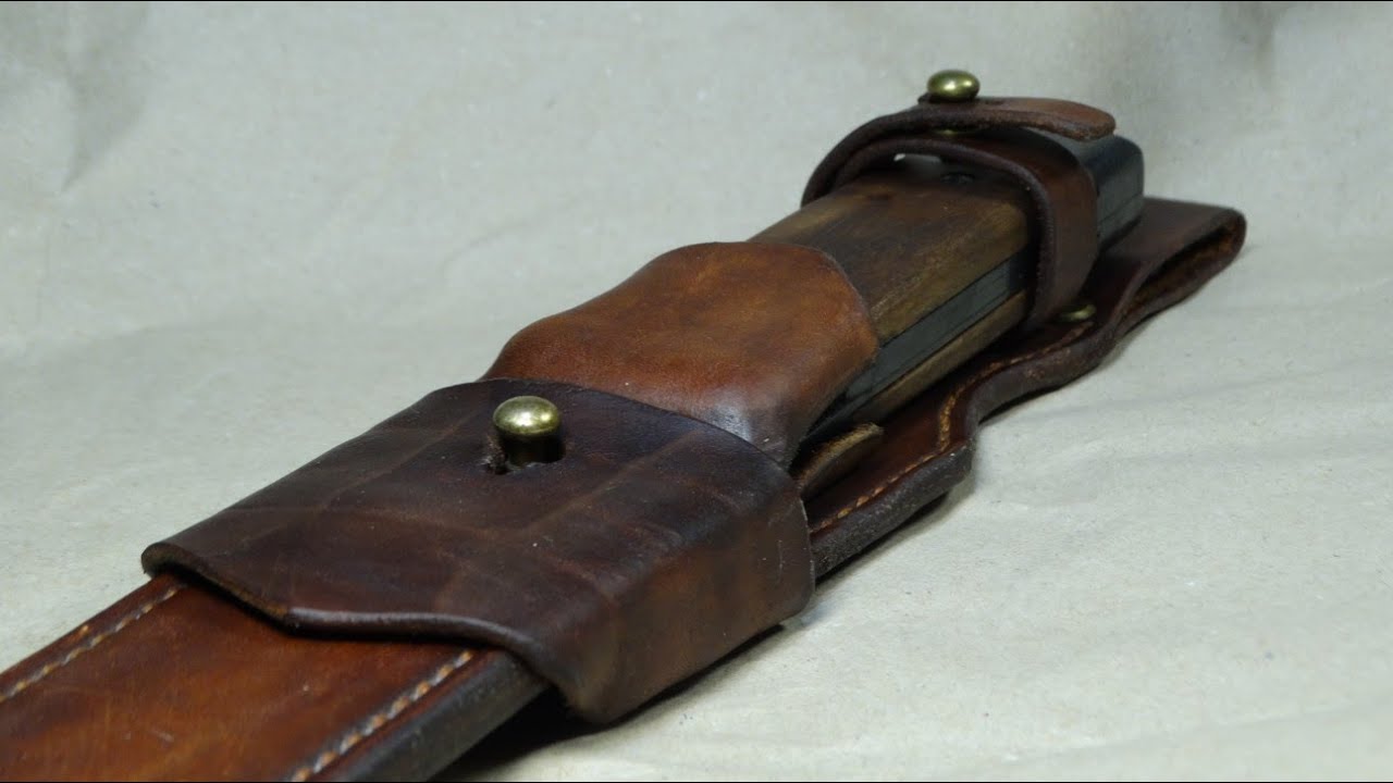 Making a leather sheath for a folding bayonet. Sheath for folding knife.