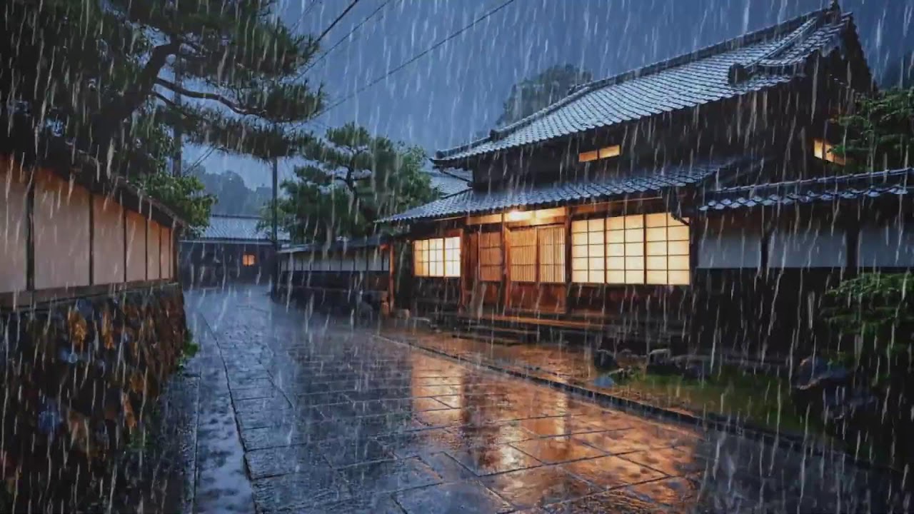 Soft Night Rain Sounds on a Silent Road Near a Warm Cozy House