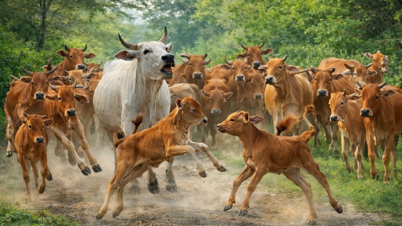 Village Vibes: A Cheerful Herd of Cows Walking in Perfect Harmony