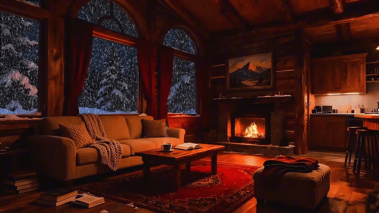 Winter Cabin Retreat ❄️ Crackling Fireplace & Calm Piano | Relaxing Snow Night