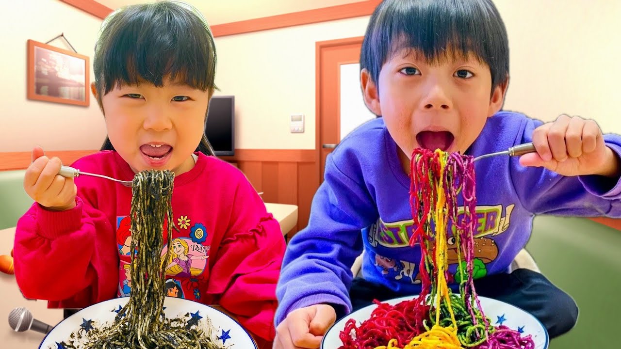 【寸劇】カラフルパスタ！？バレずに食べちゃおう！【ごっこ遊び】Yu and Yuna pretend to fight over colorful pasta