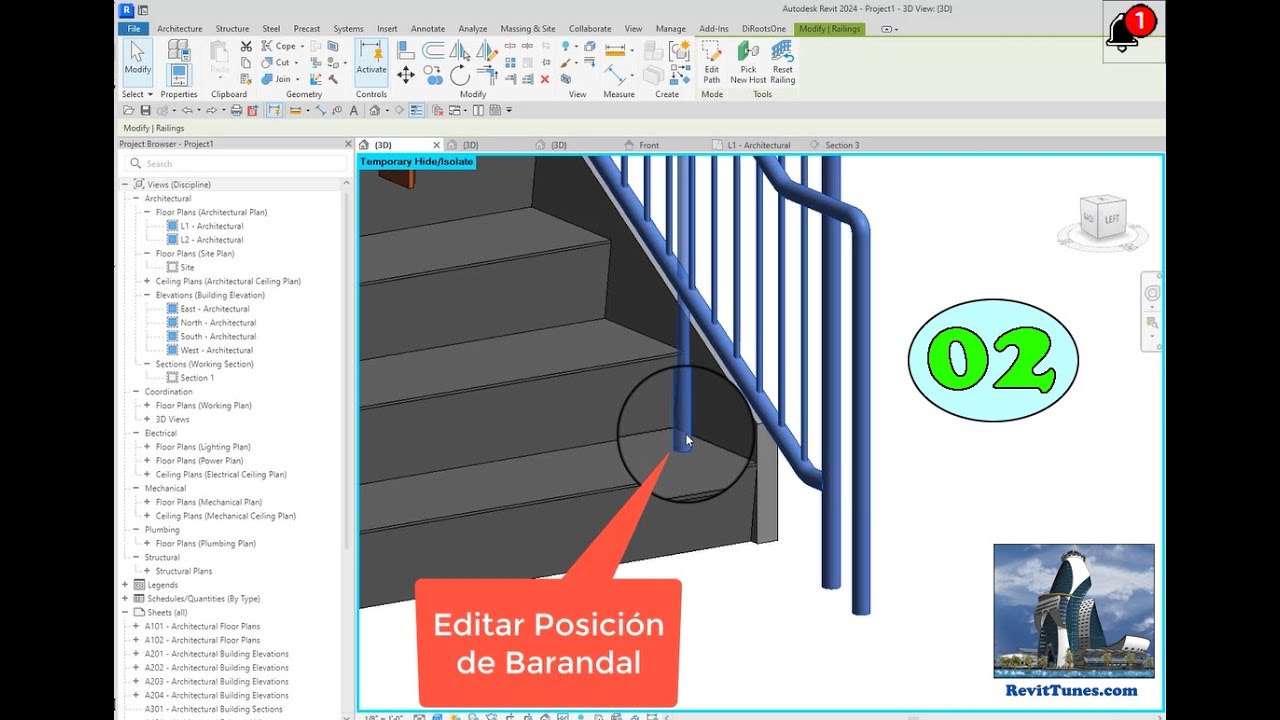 Revit 2024 Tutorial 02 - Escaleras - Ajustar Posicion de barandal (Español)