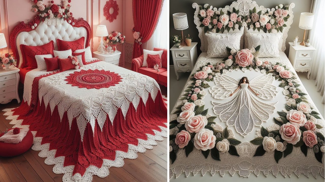 Beautiful bed sheet model knitted with wool  #knitted crochet bedsheet