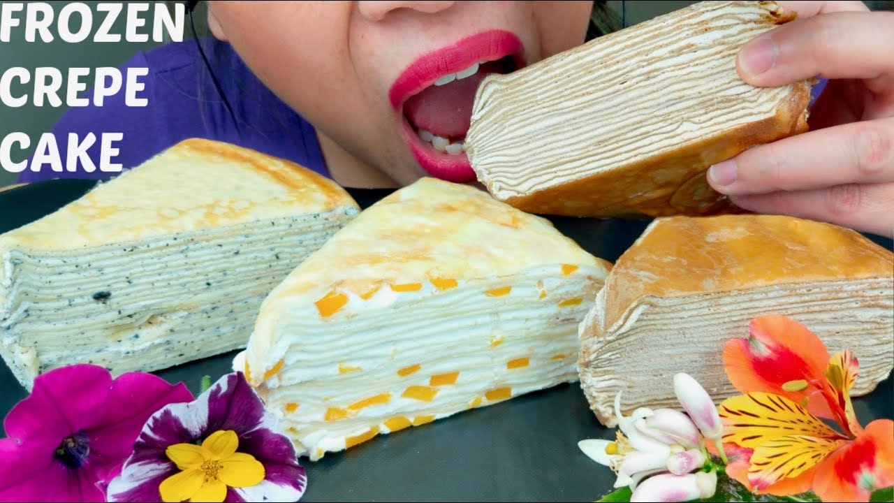 ASMR FROZEN Crepe Cake Mango, Black Sesame, Coffee Sticky Creamy Eating Sounds No Talking suellASMR