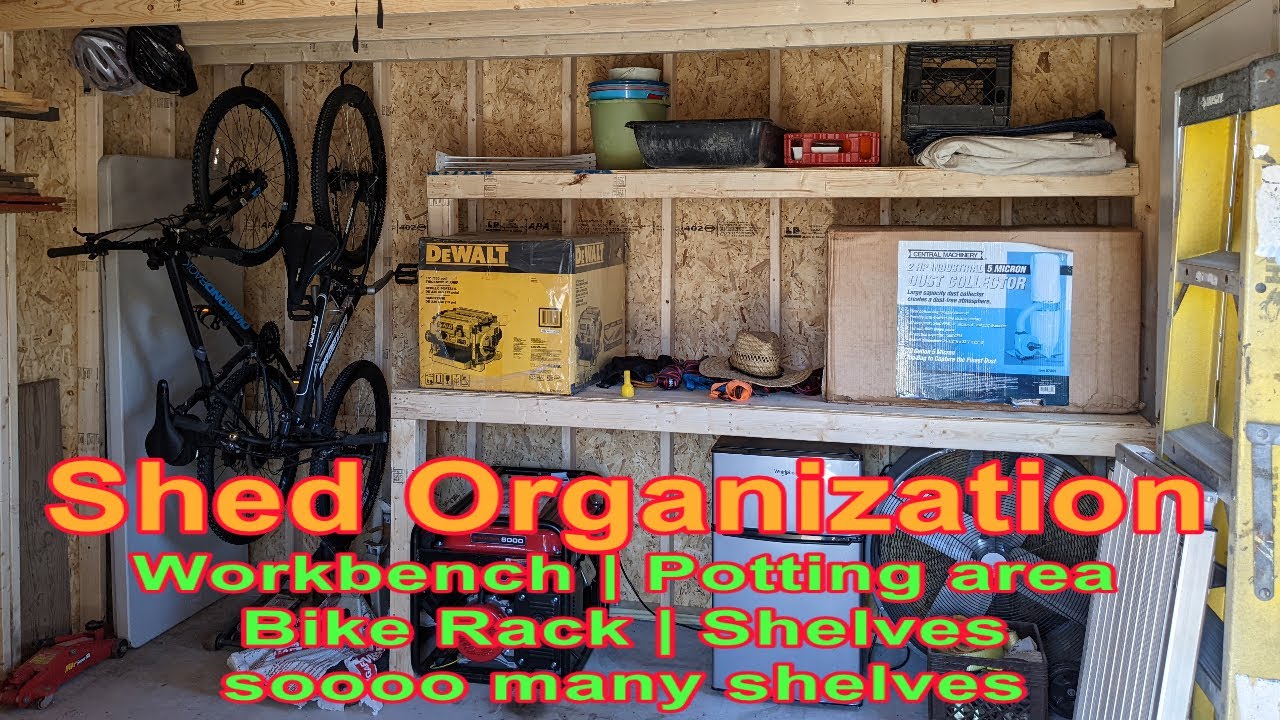 Shed Organization. Potting area, workbench, bike rack, shelves, soooo many shelves! Using scraps!