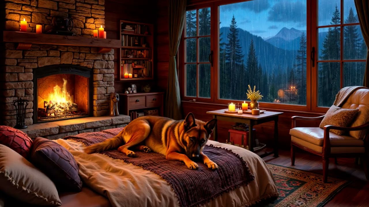 Gentle Rain Over Mountain Cabin | Fireplace Glow & Sleeping Dog Night Ambience