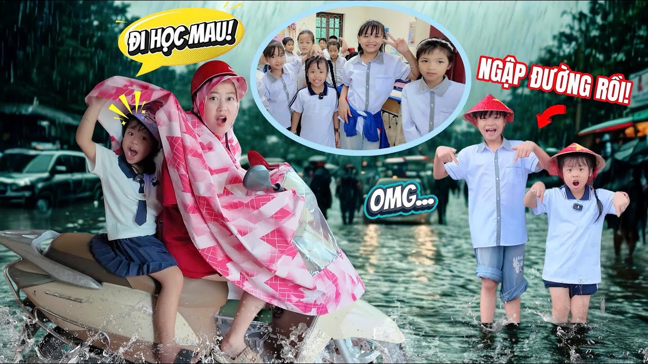 🌧️ Mẹ H&agrave; H&iacute; Vượt B&atilde;o Đưa Na & Mint Vy Đến Trường Trực Nhật &ndash; L&uacute;c Về Đường Ngập Nặng Su&yacute;t Kh&ocirc;ng Qua!