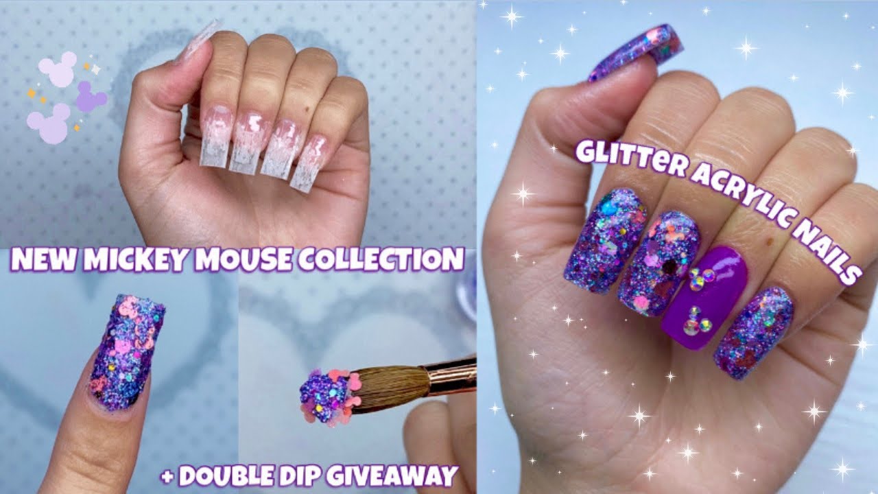NEW MICKEY MOUSE POWDER COLLECTION | PURPLE GLITTER ACRYLIC NAILS | @doubledipnails9863  GIVEAWAY!!