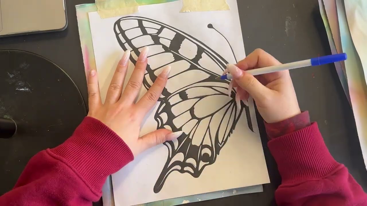 GRAPHITE TRANSFER BUTTERFLY WING ON TIE DYE PAPER