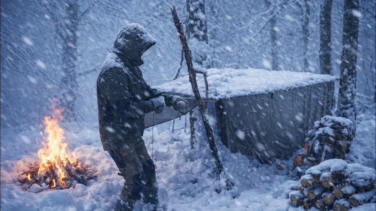 No Tent, No Sleeping Bag – Extreme Winter Survival in Bad Weather (Of -10) Winter Camping
