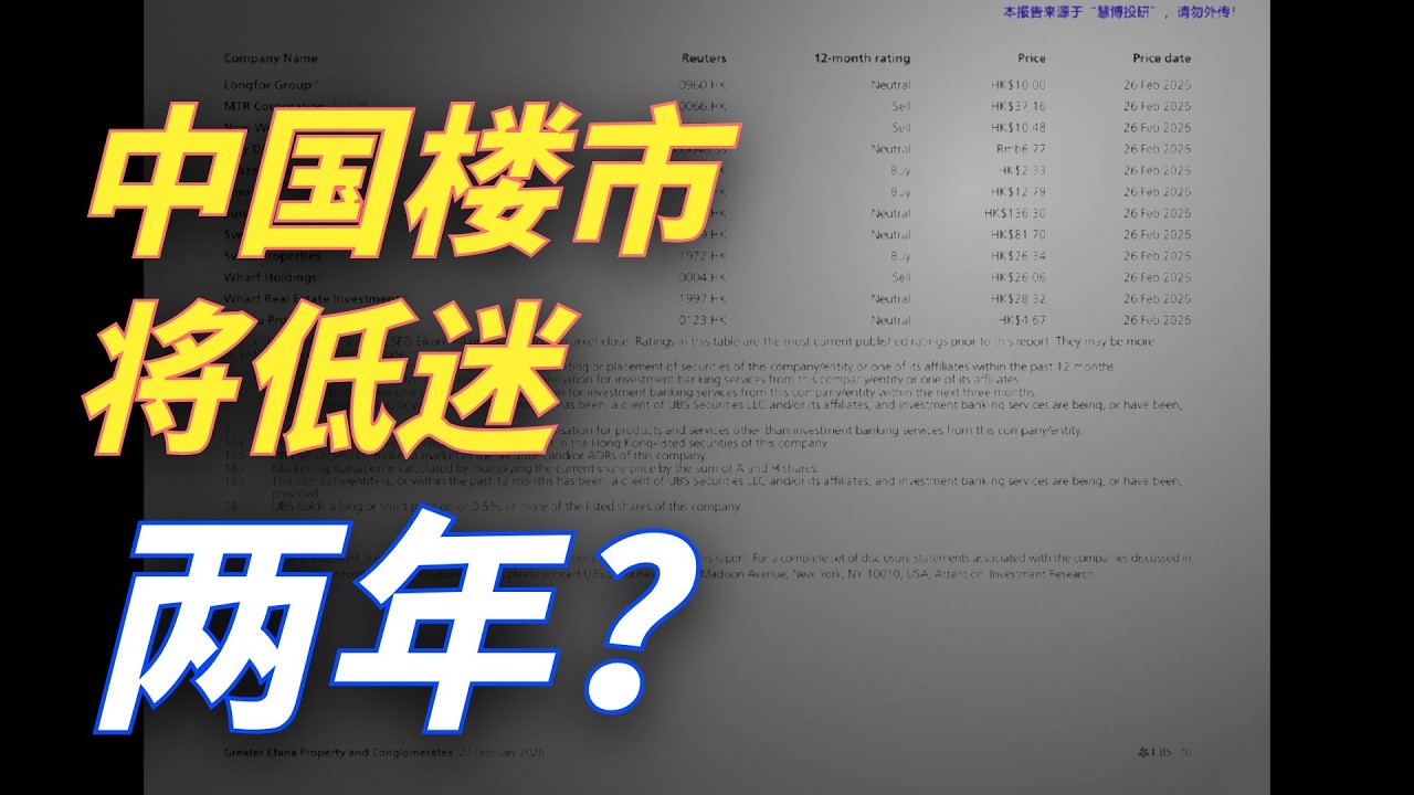 瑞银 大中华区房地产与综合企业：中国：还有两年的下行周期 香港：选择性复苏 260227