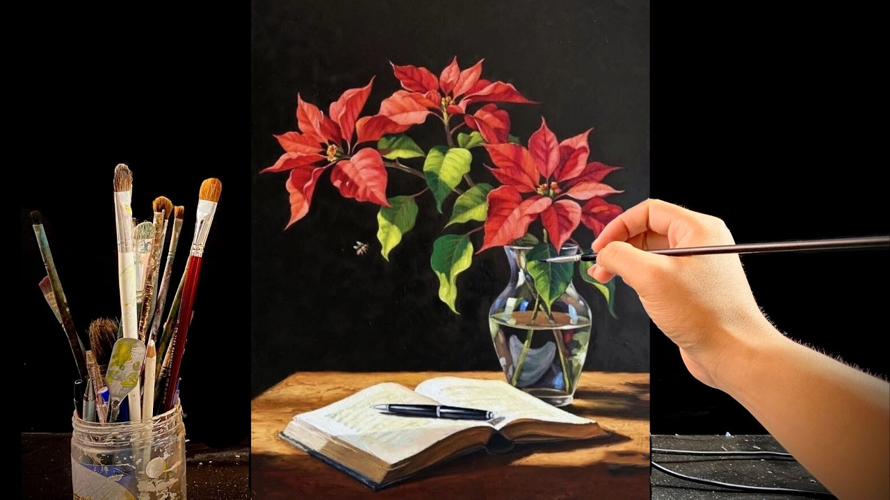 🎨 Painting Red Poinsettia Flowers in a Glass Vase | Relaxing Acrylic Still Life Tutorial | #151