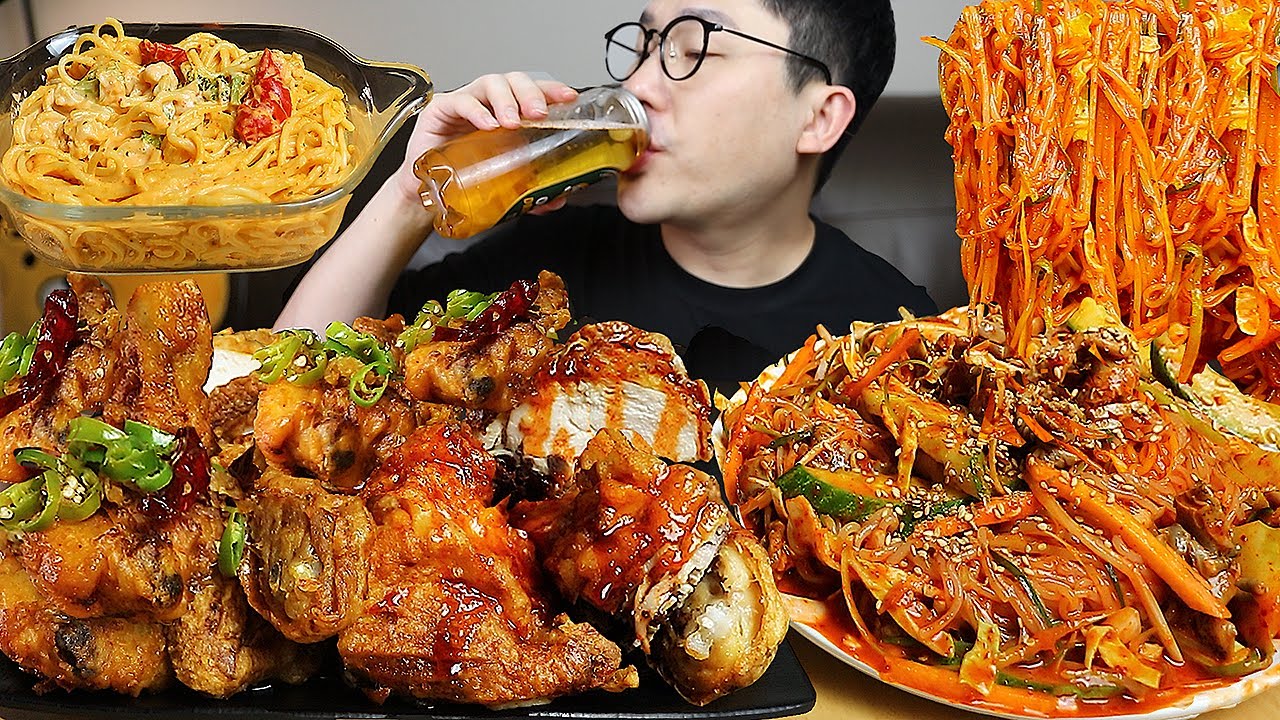 ASMR MUKBANGㅣKorean Fried Chicken & Spicy Cold Noodle & Rose PastaㅣEATING SHOW