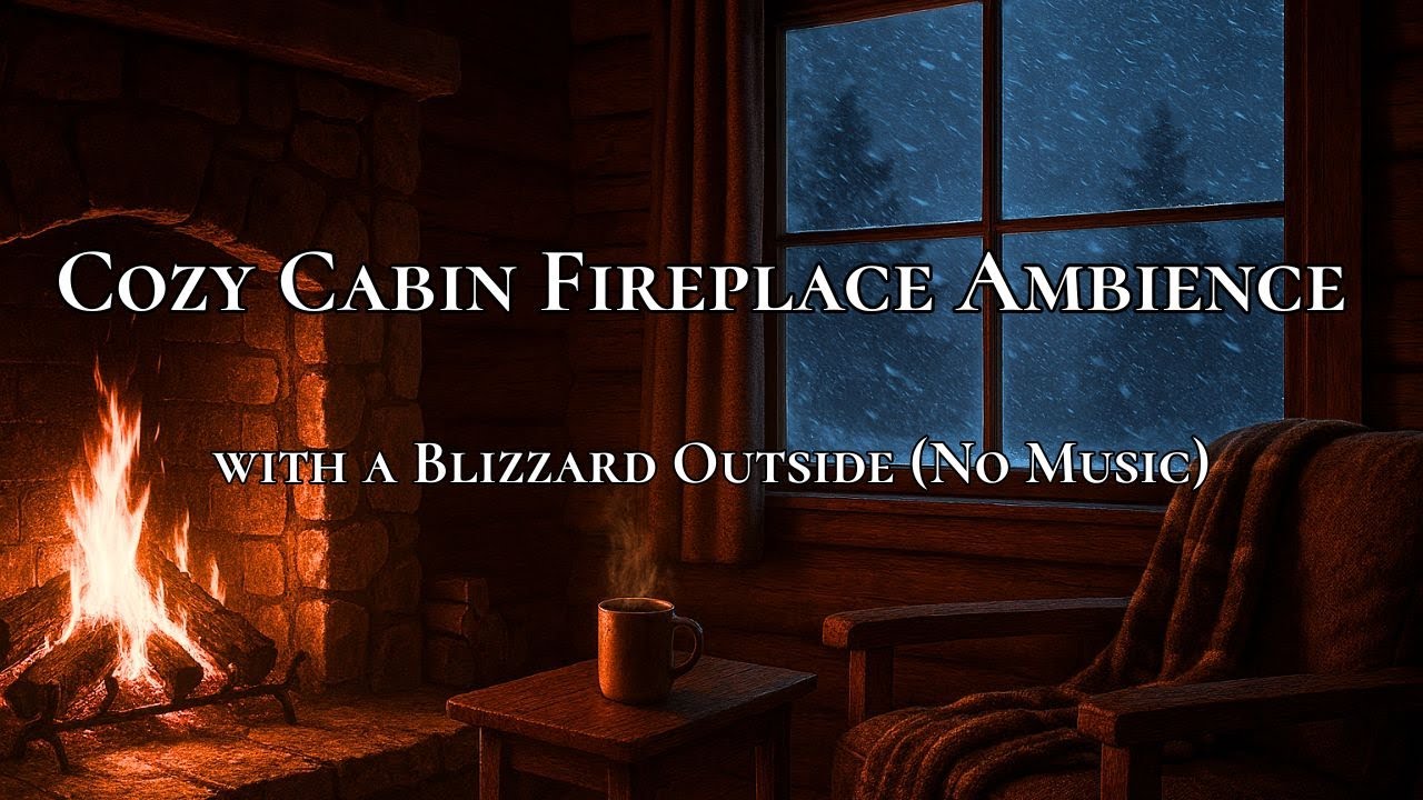Cozy Cabin Fireplace Ambience with Blizzard Outside No Music