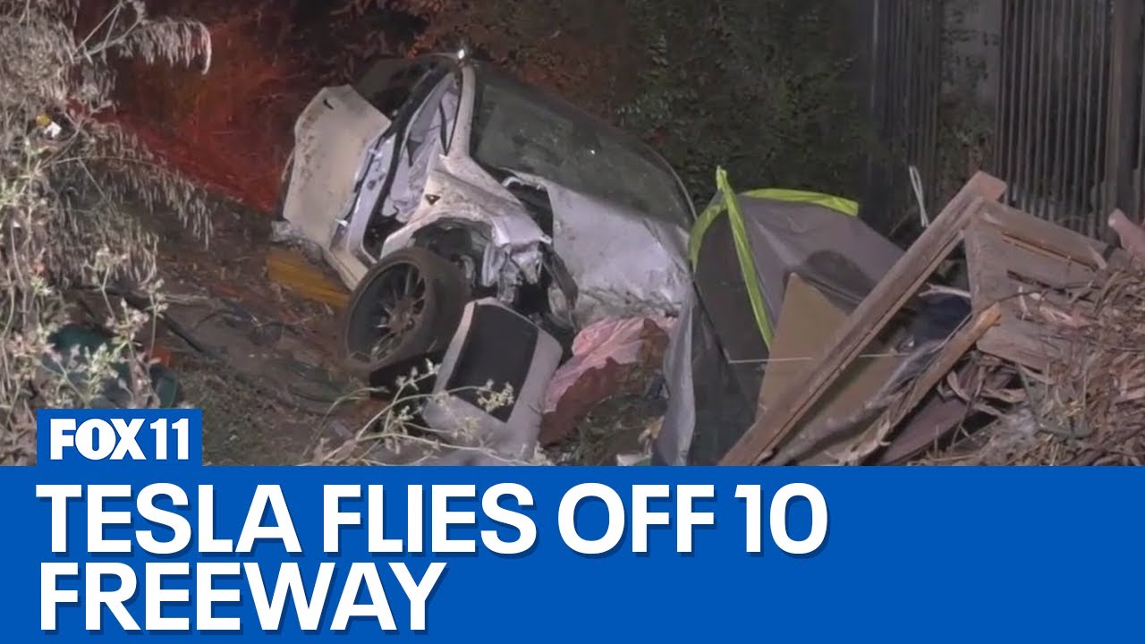 4 hurt after Tesla flies off 10 Freeway in Los Angeles