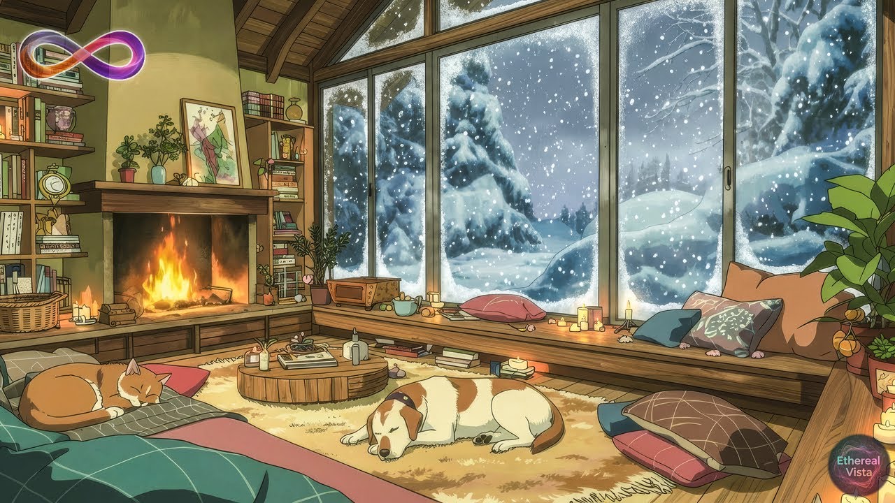 3 Hours Lo-fi Music 🎧 Fireplace, Winter Snow ❄️ & Cozy Pets - Relaxing Music
