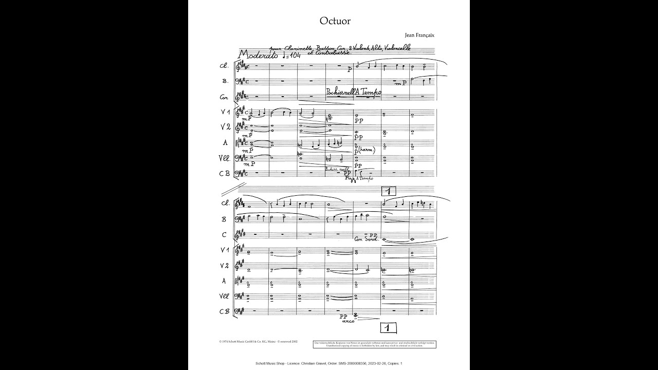 Jean Fran&ccedil;aix &ndash; Octuor (clarinette, basson, cor, 2 vlns, alto, vcelle & cbasse)