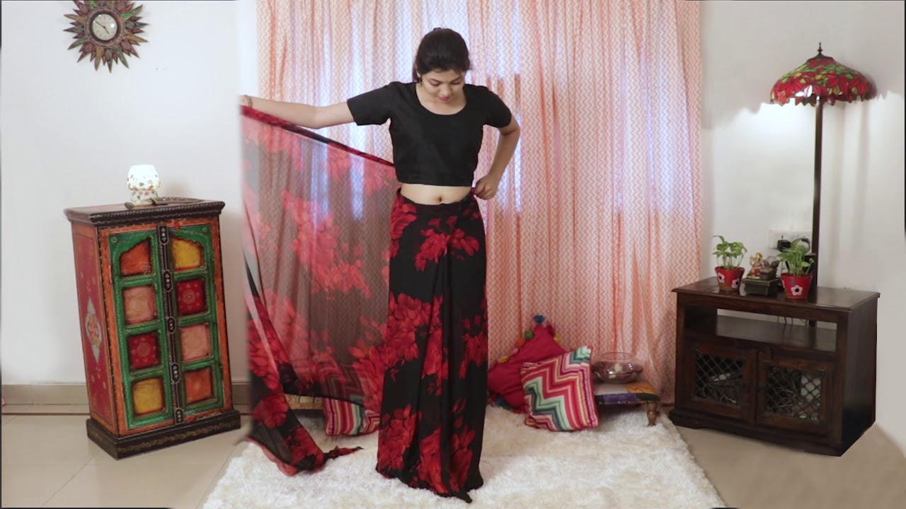 Black and Red Floral Ready Pleated Pre-Stitched Wrap in 1 Minute Sari