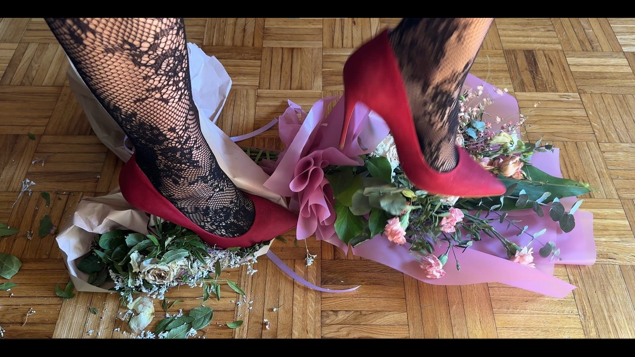 Heels crush flowers - ASMR crushing and trampling flowers in red heels