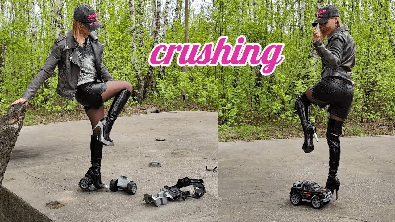 Crushing a toy car with the metal heels of boots, breaking the heel in half !