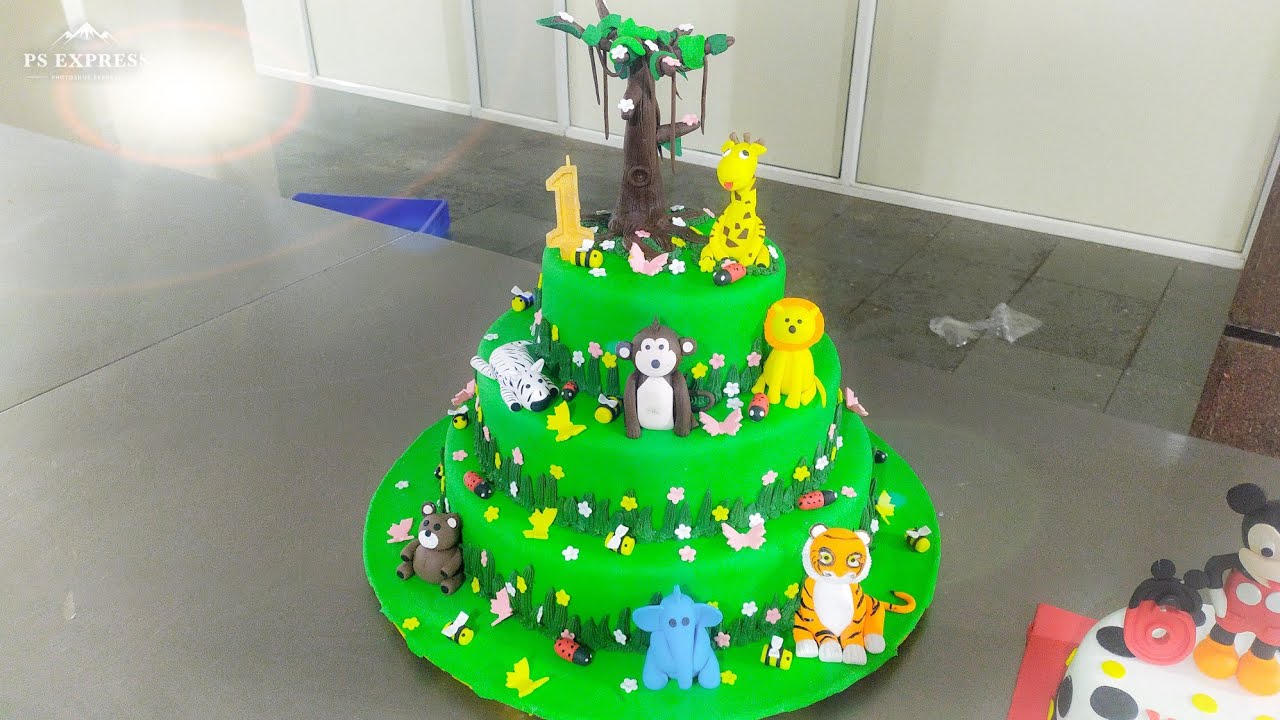 How to make jungle animals cake/zoo green jungle with all animals face and sugerpast fondant cake