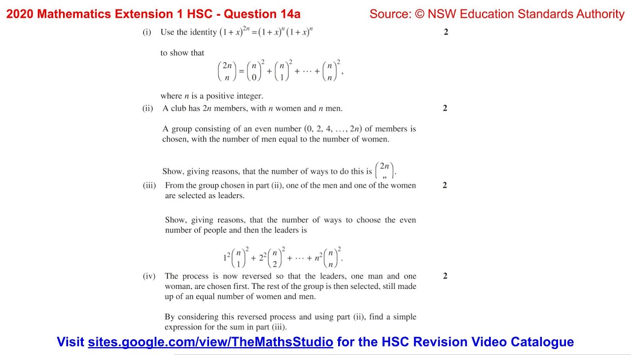 2020 Maths Extension 1 HSC Q14a How to do proofs involving binomial theorem/identities