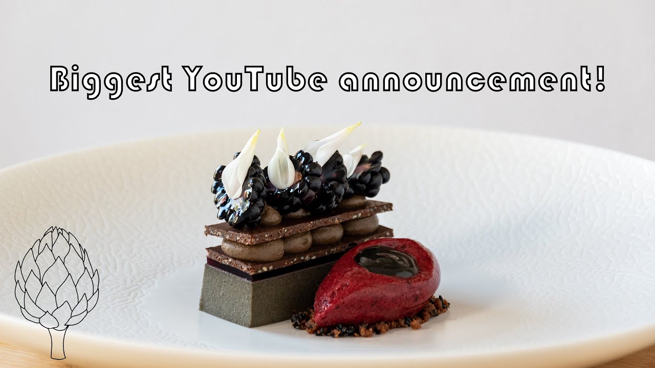 Black sesame seed praline & blackberry dessert