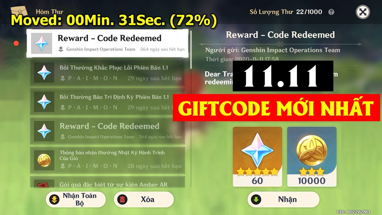 GIFT CODE MỚI NHẤT 11.11 - GENSHIN IMPACT