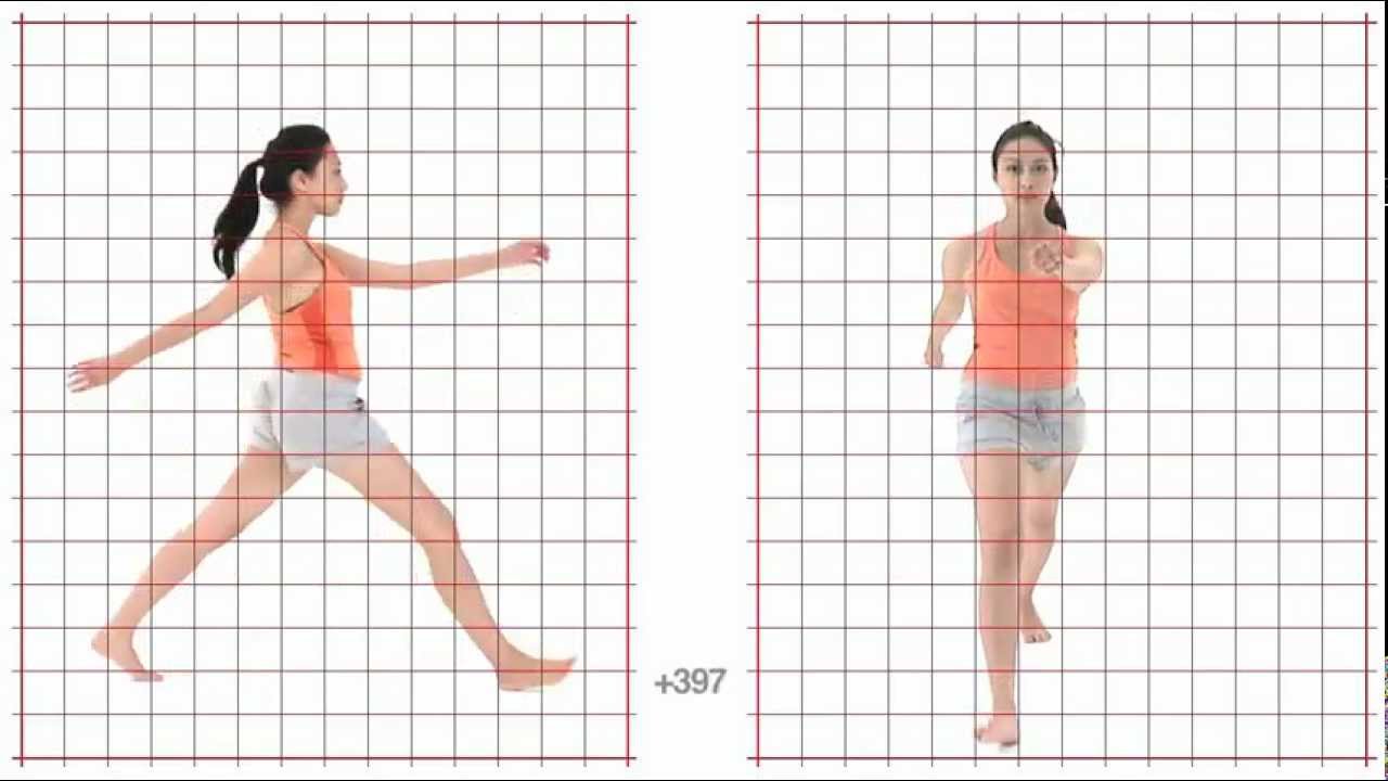Walk Long Stride: Young Adult Female: Grid Overlay - Animation Reference Body Mechanics