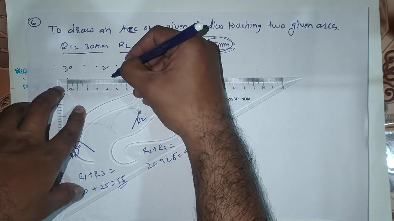 Two draw an arc touching to two given arcs in Hindi