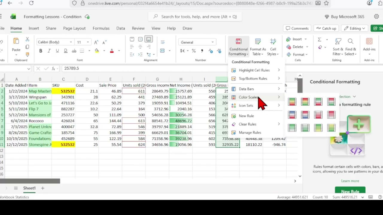 Microsoft 365 Excel Tutorials: Unit 1, Lesson 4 - conditional formatting.